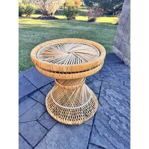 VTG 70s Boho Tiki Woven Wicker Rattan Bamboo Plant Stand Side Table 17.5” Tall